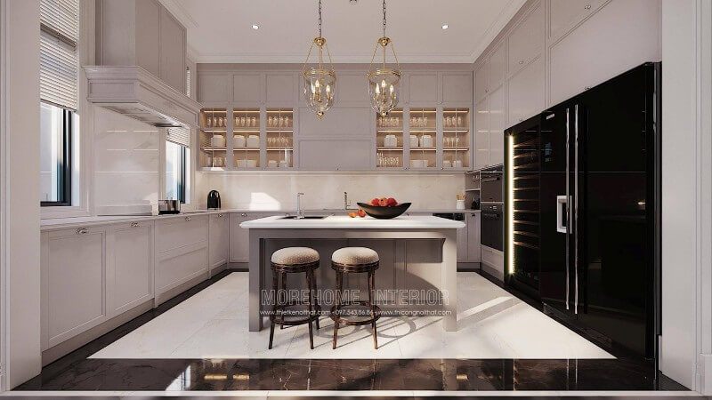 Morehome chuyên thiết kế và thi công sản xuất các mẫu tủ bếp biệt thự bằng gỗ công nghiệp. Khách hàng có nhu cầu đặt sản xuất tủ bếp hiện đại, vui lòng liên hệ với Morehome để được tư vấn và báo giá.