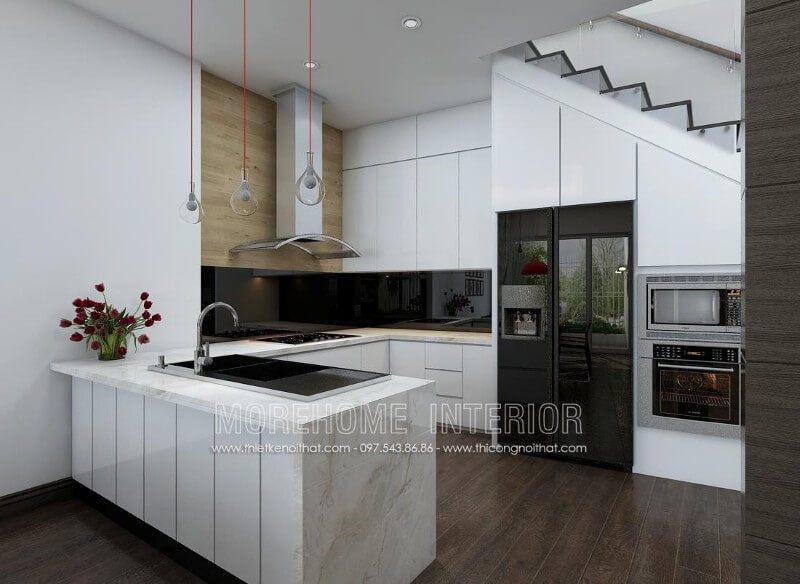 Một trong những mẫu tủ bếp gỗ công nghiệp giá rẻ được lựa chọn nhiều tại Morehome